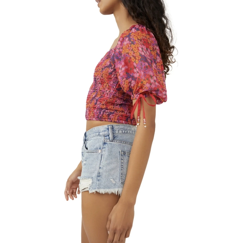 Free People Back on Top Smocked Hot Pink Combo Crop Top Size Medium - Picture 2 of 10